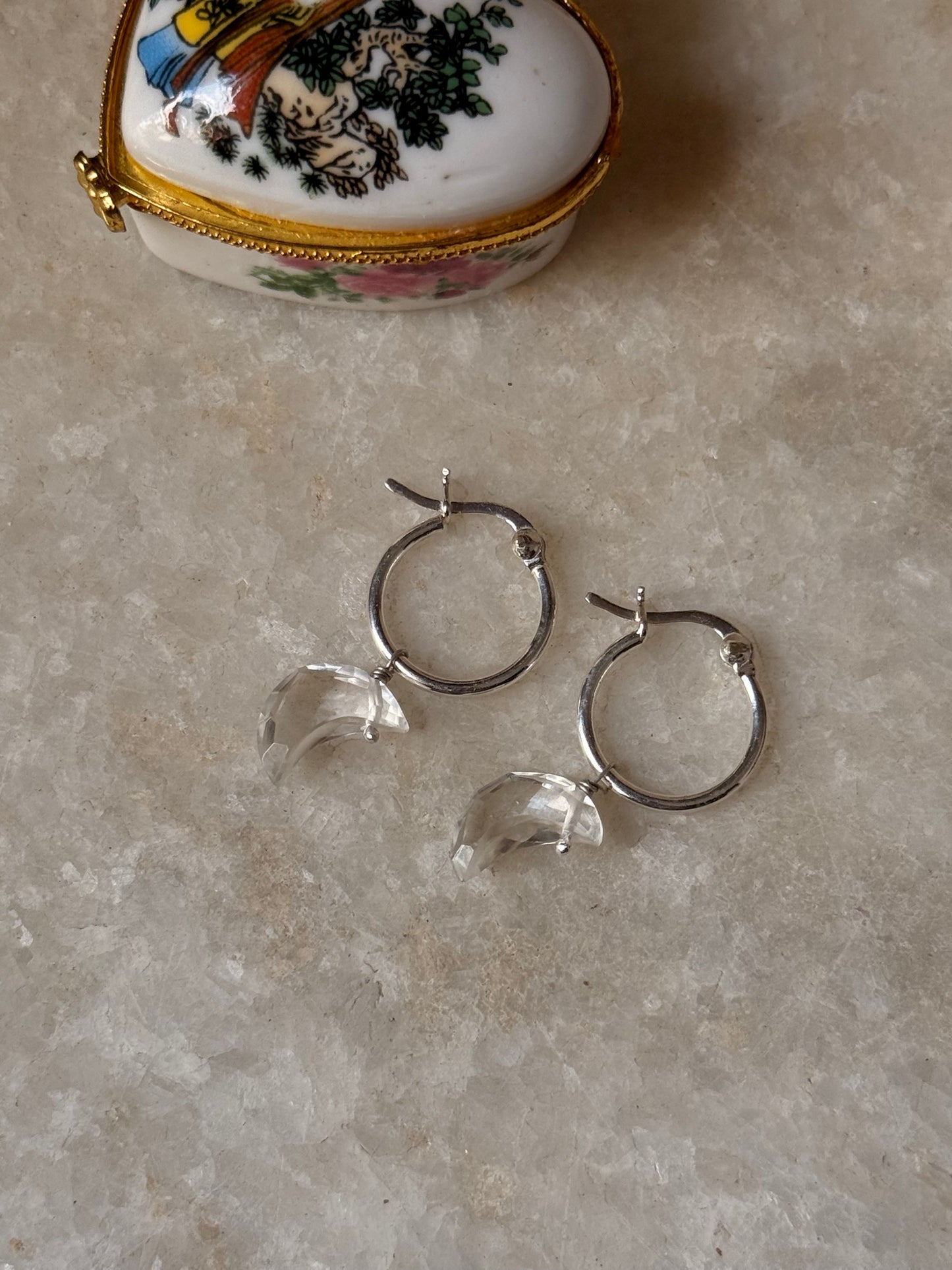 925 Sterling Silver Clear Quartz Moon Carved Charm Italian Hoops