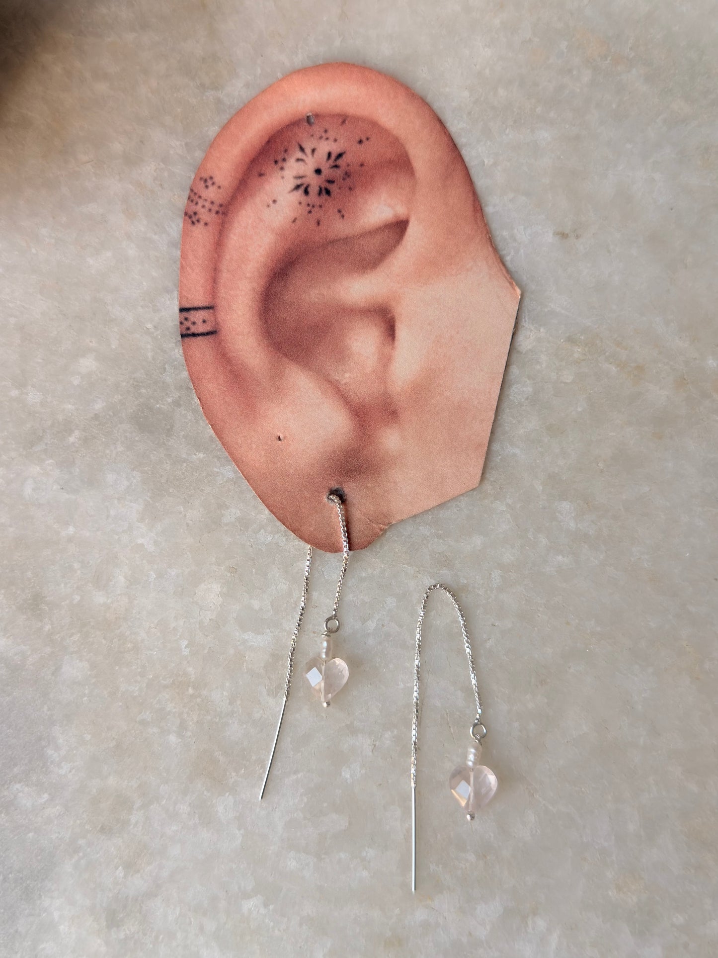 925 Sterling Silver Rose Quartz Heart & Pearl Sui Dhaga Earrings