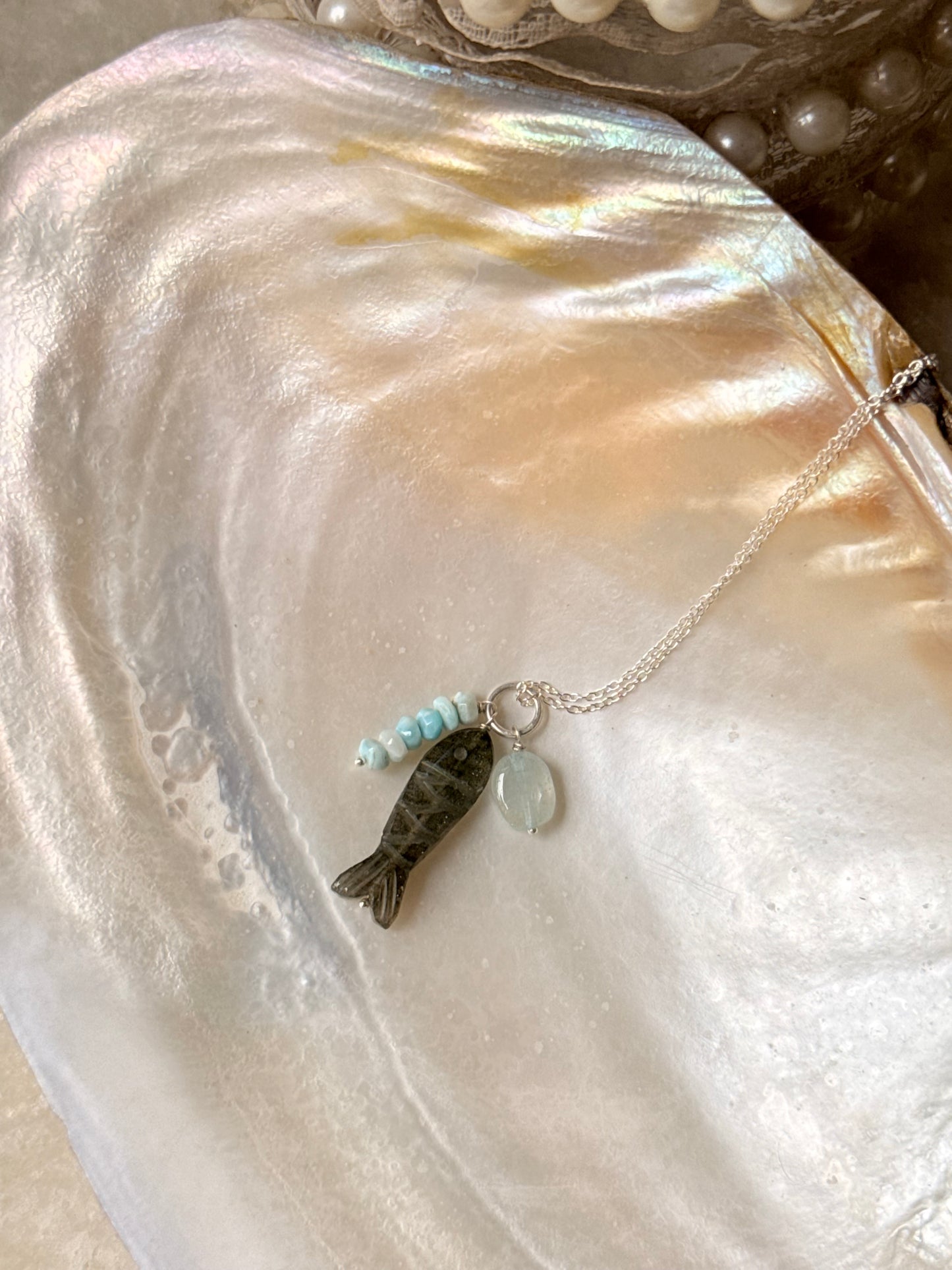 925 Sterling Silver Labradorite Fish Carved , Larimar & Aquamarine Small Tumble Charms Dainty Cable Chain Necklace