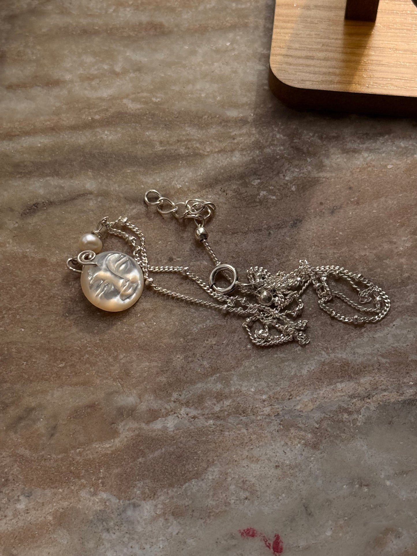 925 Sterling Silver Mother of Pearl Moon Face, Fresh Water Pearl Spiral Cable Dot Handcrafted Necklace