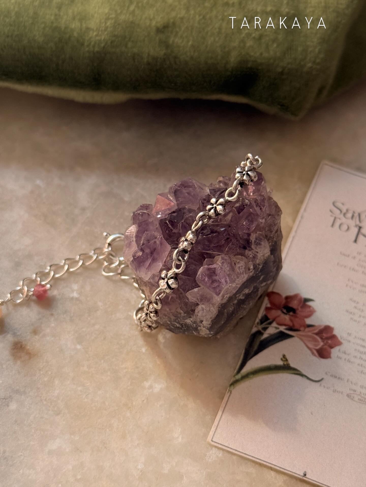 925 Sterling Silver Antique Cherry Blossom Flowers ~ Pink Tourmaline & Fresh Water Pearl Charm Bracelet