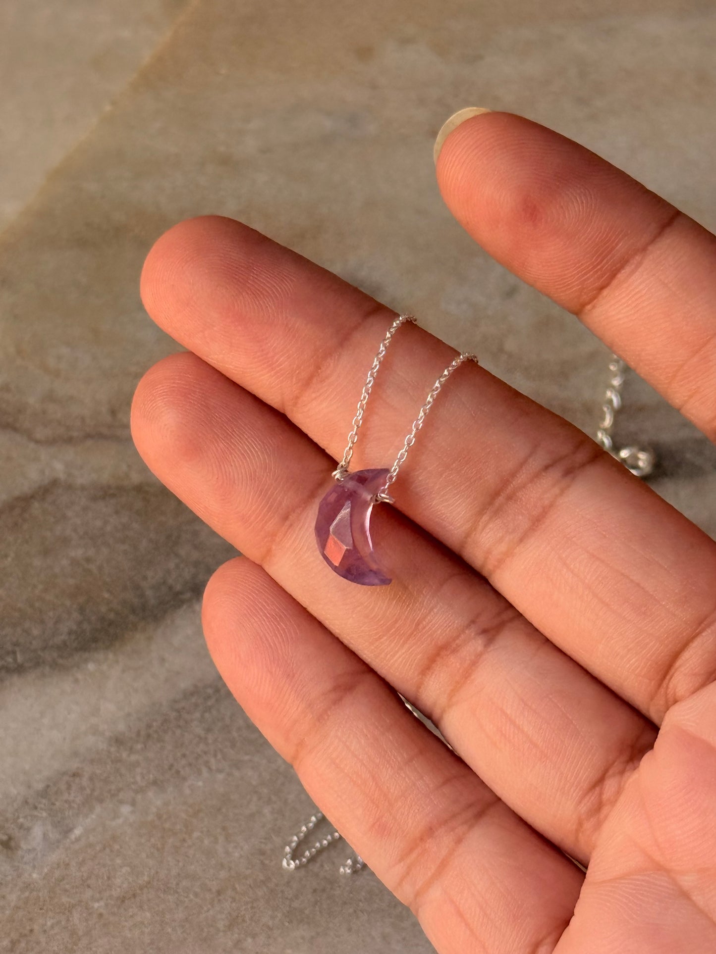 925 Sterling Silver Amethyst Moon Crescent Carved Handcrafted Necklace