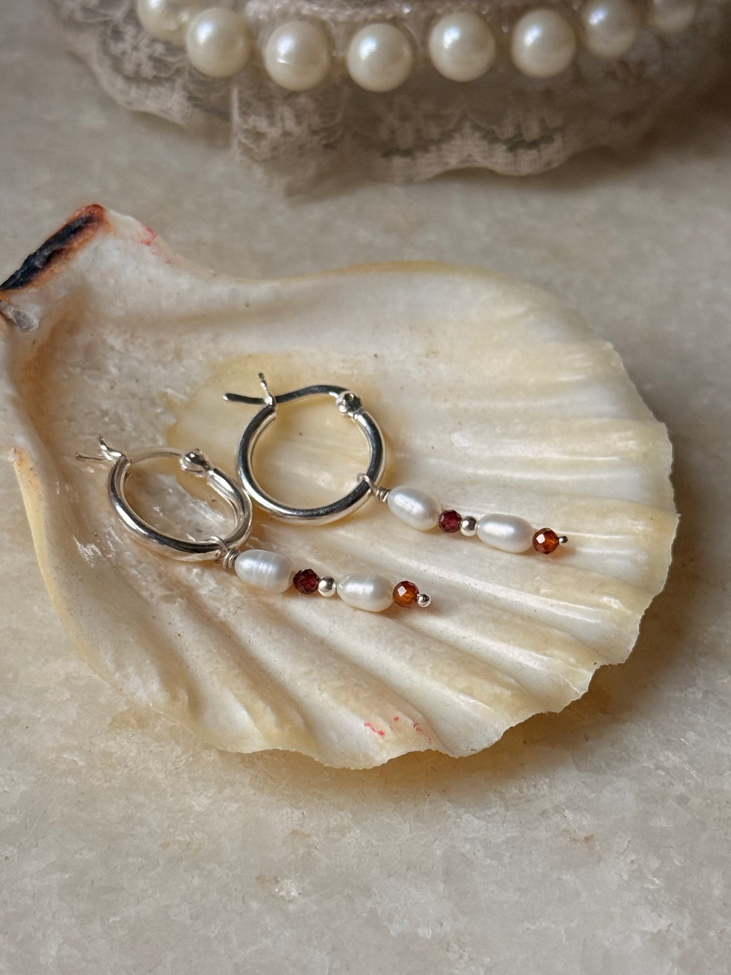 925 Sterling Silver Hessonite 2mm Fresh Water Pearl Hoops Earrings