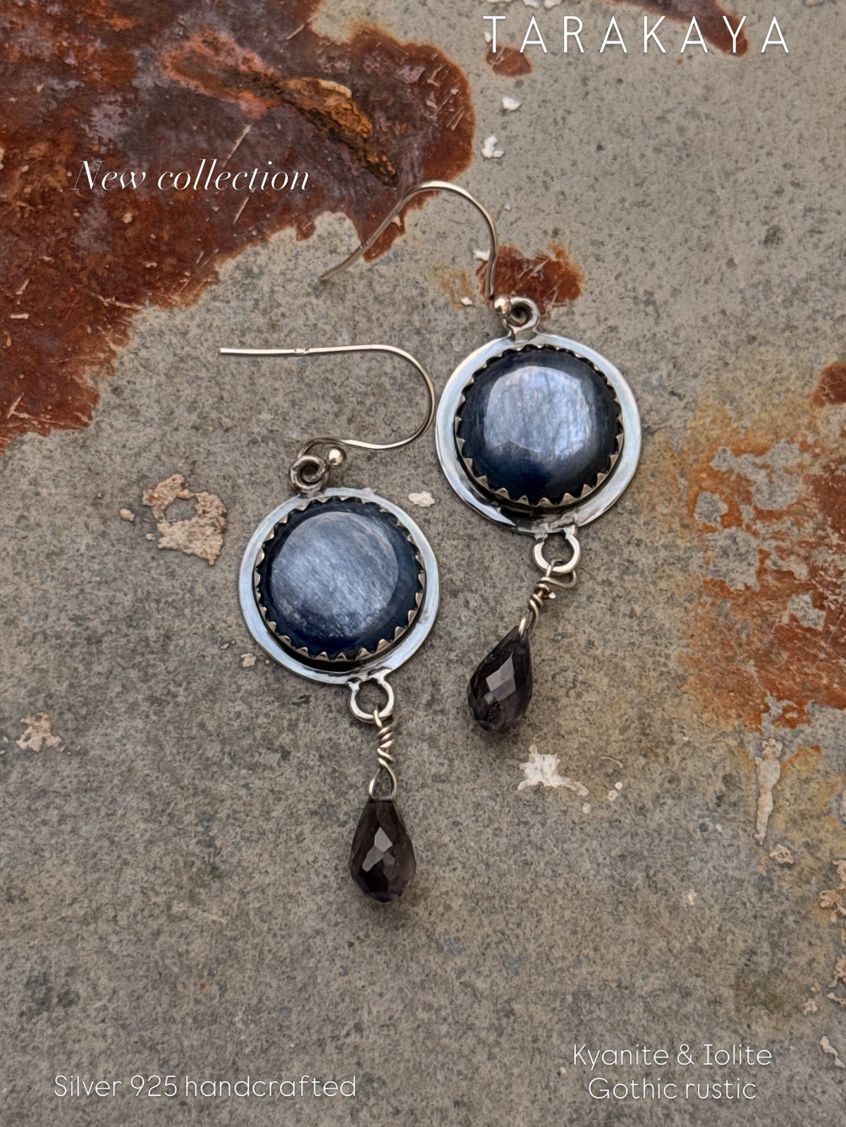 925 Sterling Silver Round Kyanite & Iolite Drop Gothic Rustic Hook