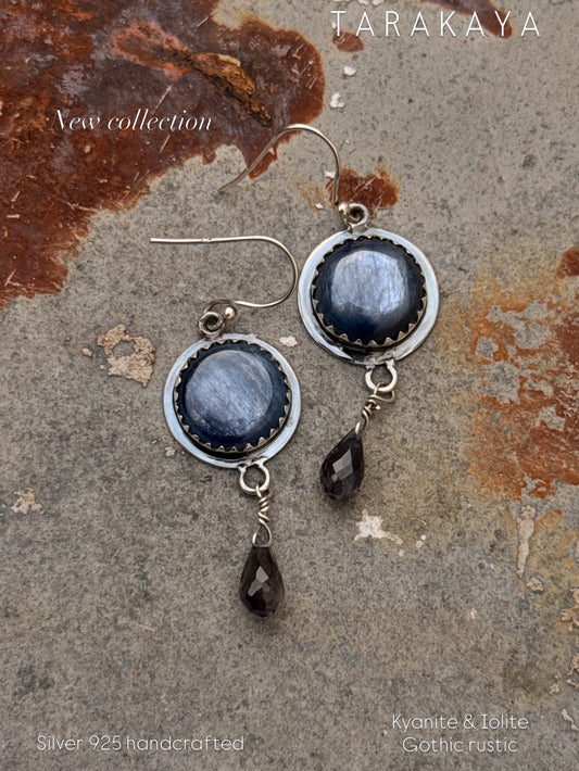 925 Sterling Silver Round Kyanite & Iolite Drop Gothic Rustic Handcrafted Hook Earrings