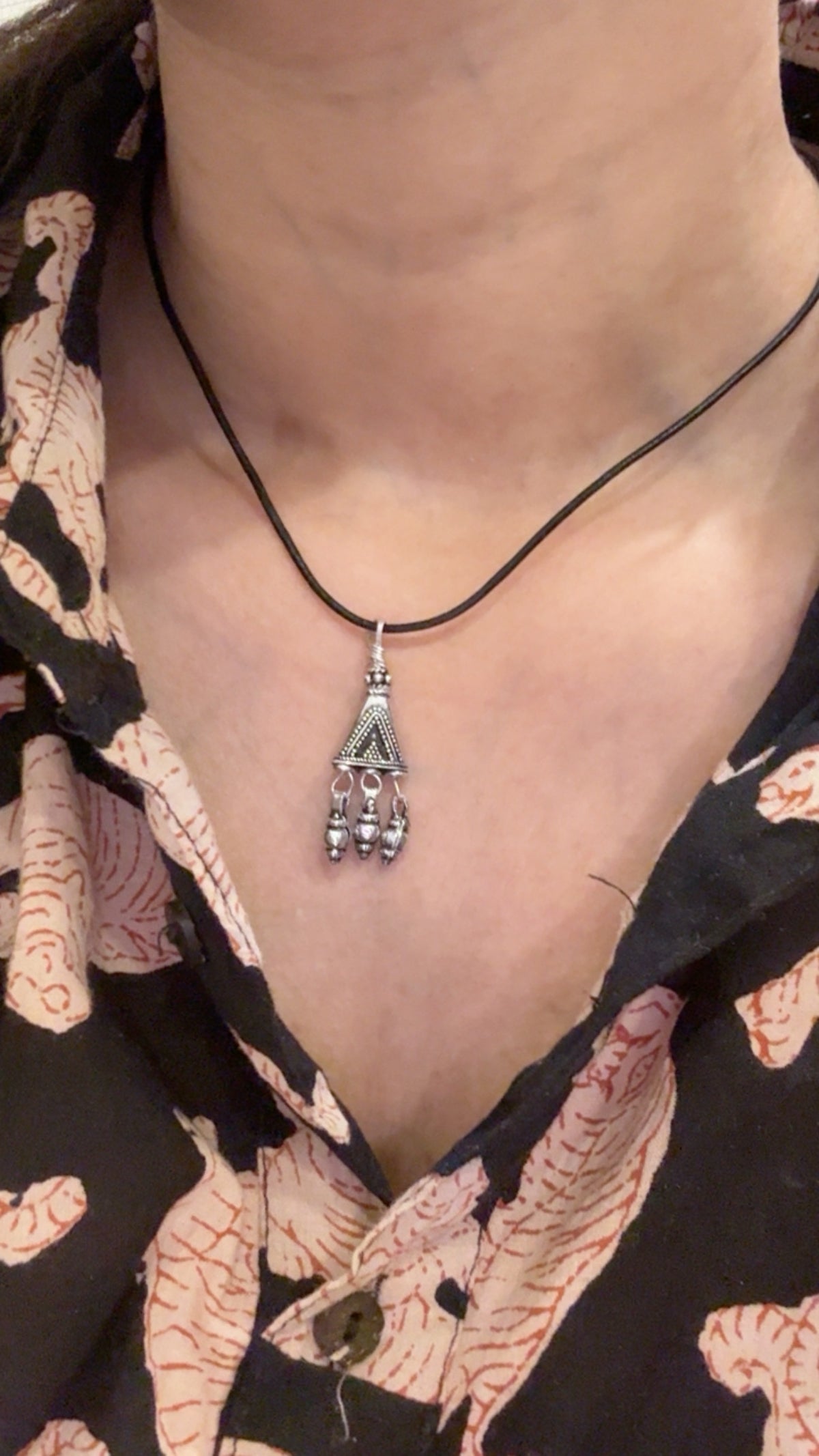 925 Sterling Silver Black Leather Cord Mandali Teekona Ghungroo Tribal Necklace