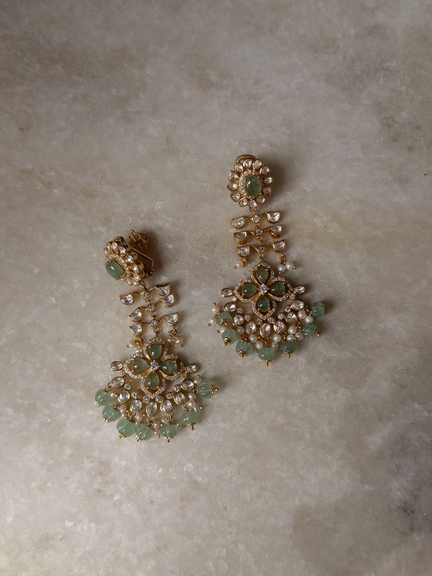 925 Sterling Silver Gold Plated Antique Moissanite Polki Green Onyx , Fresh Water Pearls Statement Earrings
