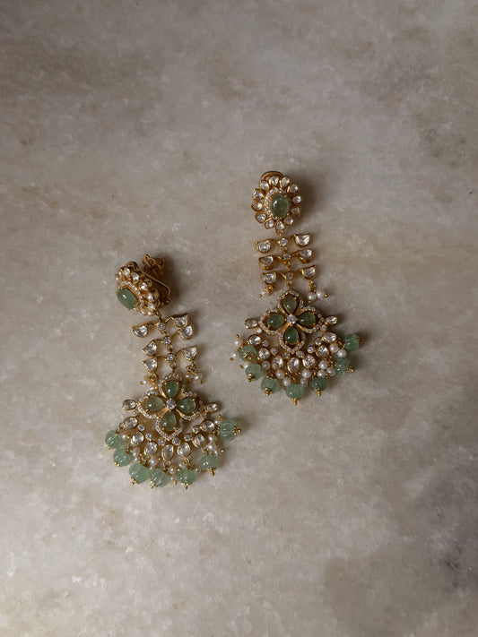 925 Sterling Silver Gold Plated Antique Moissanite Polki Green Onyx , Fresh Water Pearls Statement Earrings