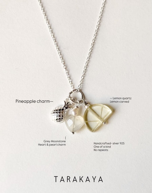 925 Sterling Silver Half Lemon Quartz- Lemon 🍋- Moonstone Heart With Pearl & Pineapple Charm Handcrafted Necklace