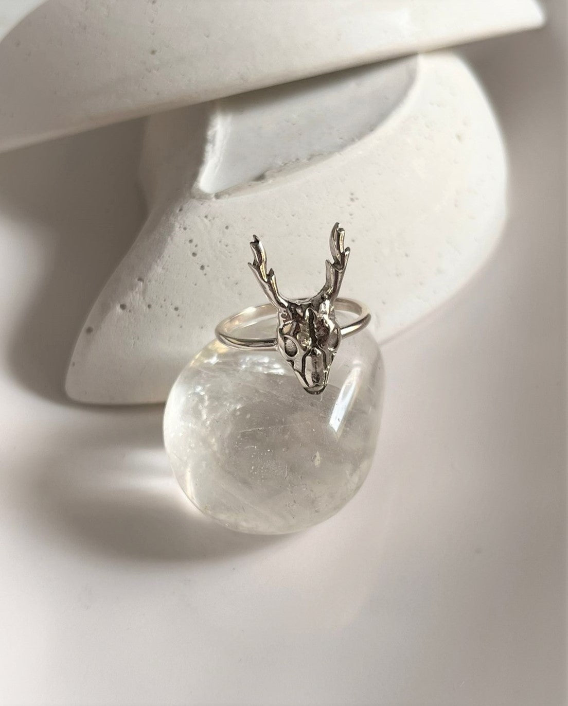 Bold deer skull silver ring with intricate detailing