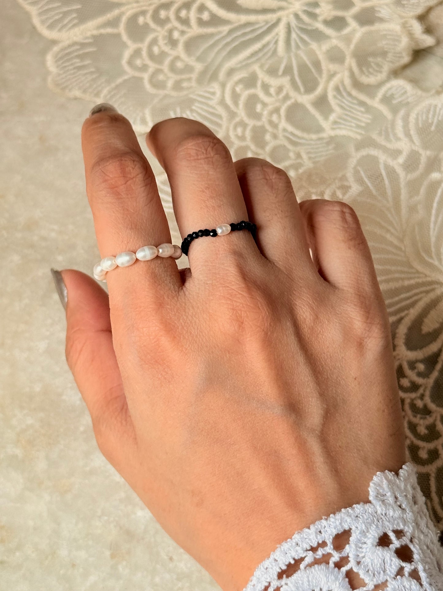 Natural Crystal Stretchy Fresh Water Pearl & Black Spinel Pearl Rings