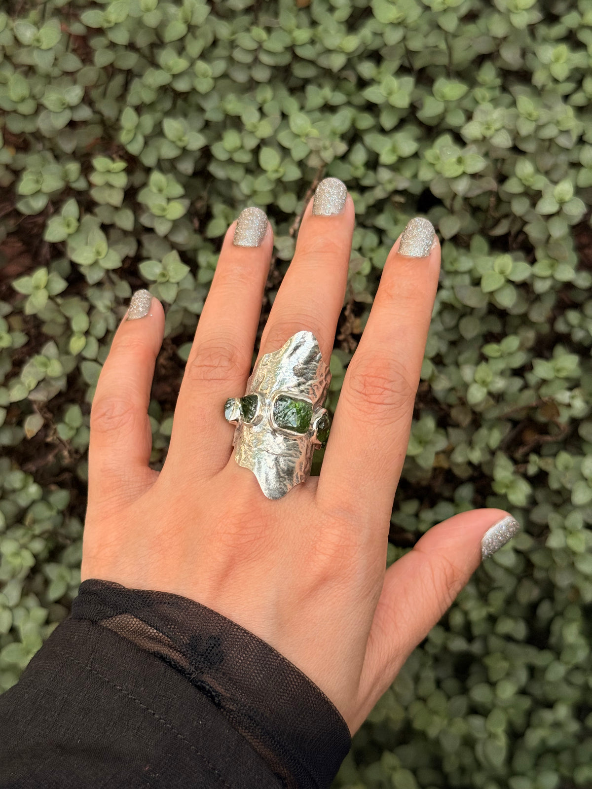925 Sterling Silver Green Tourmaline Raw Uncut Molten Textured Statement Handcrafted Ring