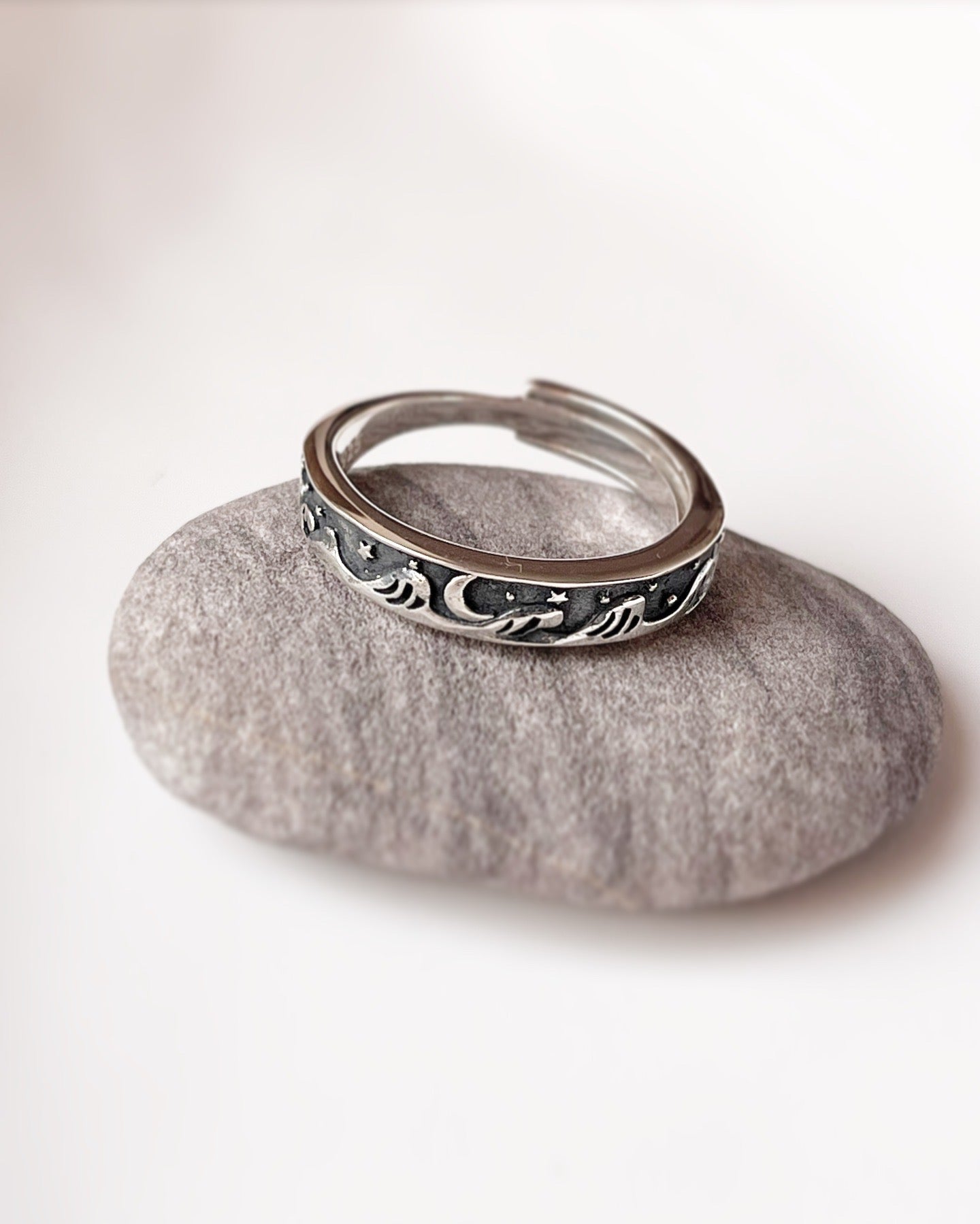 Waves, Moon, and Stars Adjustable Silver Ring