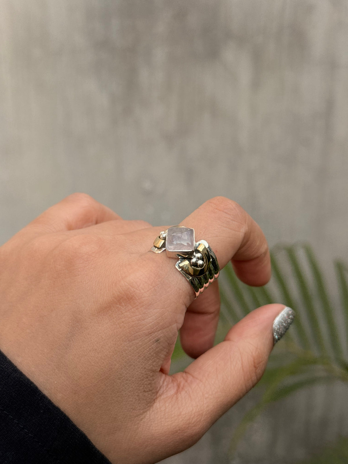 925 Sterling Silver Rose Quartz Square Dual Tone Rustic Ring