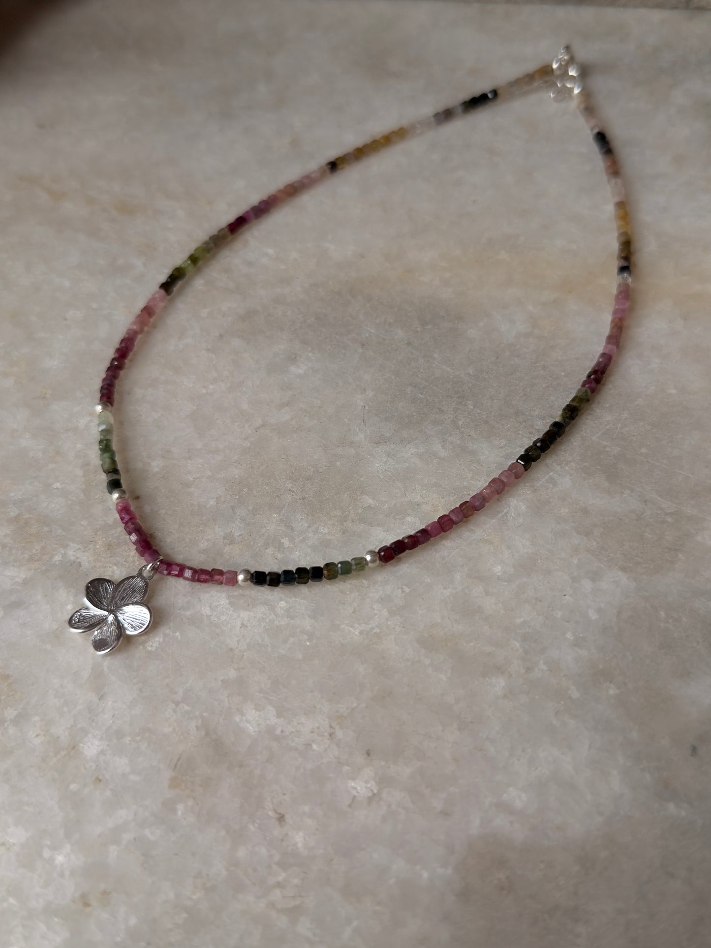 Multi Tourmaline Box Faceted With Plumeria Charm & Silver Balls 925 Sterling Silver Necklace