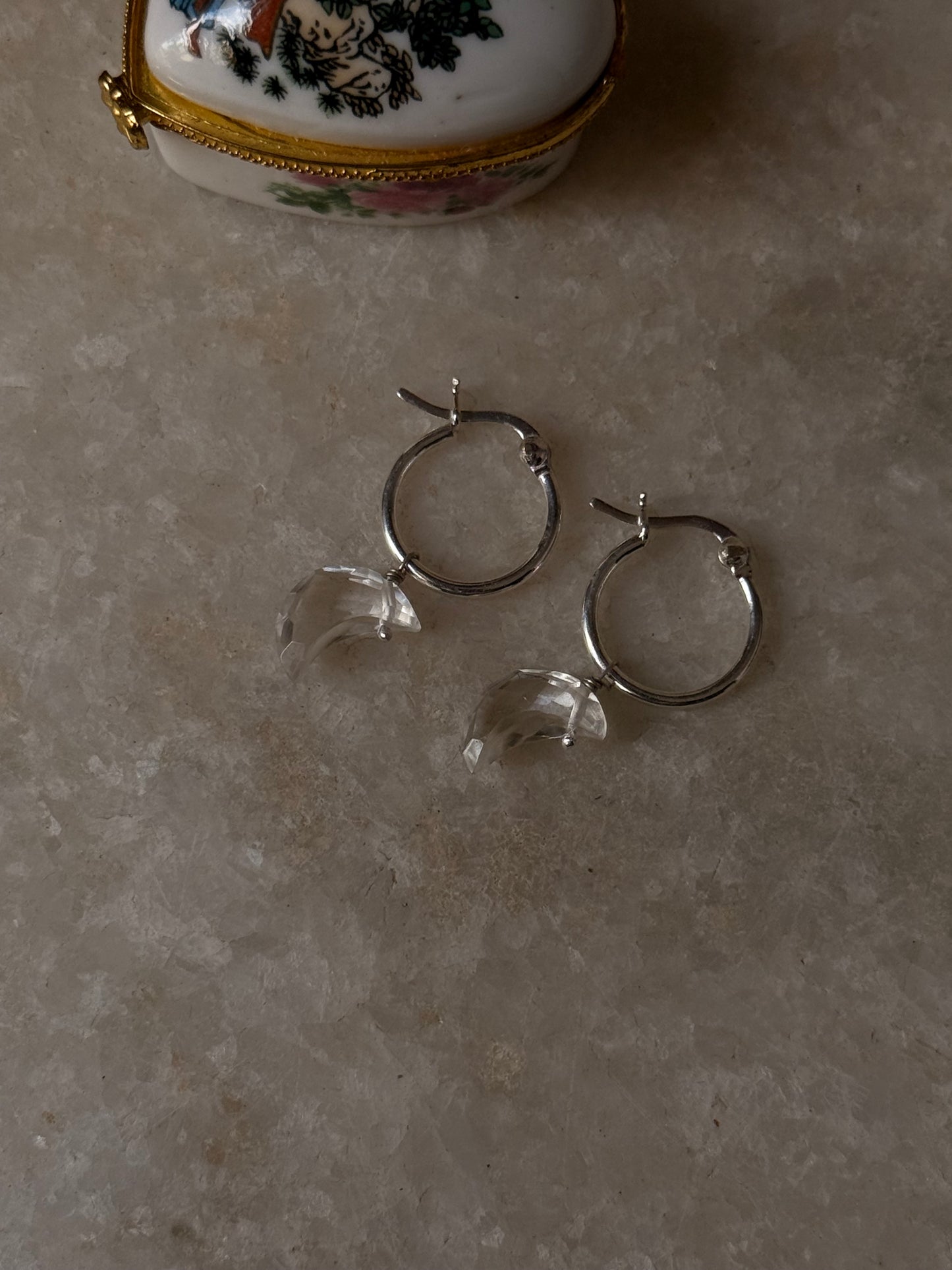925 Sterling Silver Clear Quartz Moon Carved Charm Italian Hoops