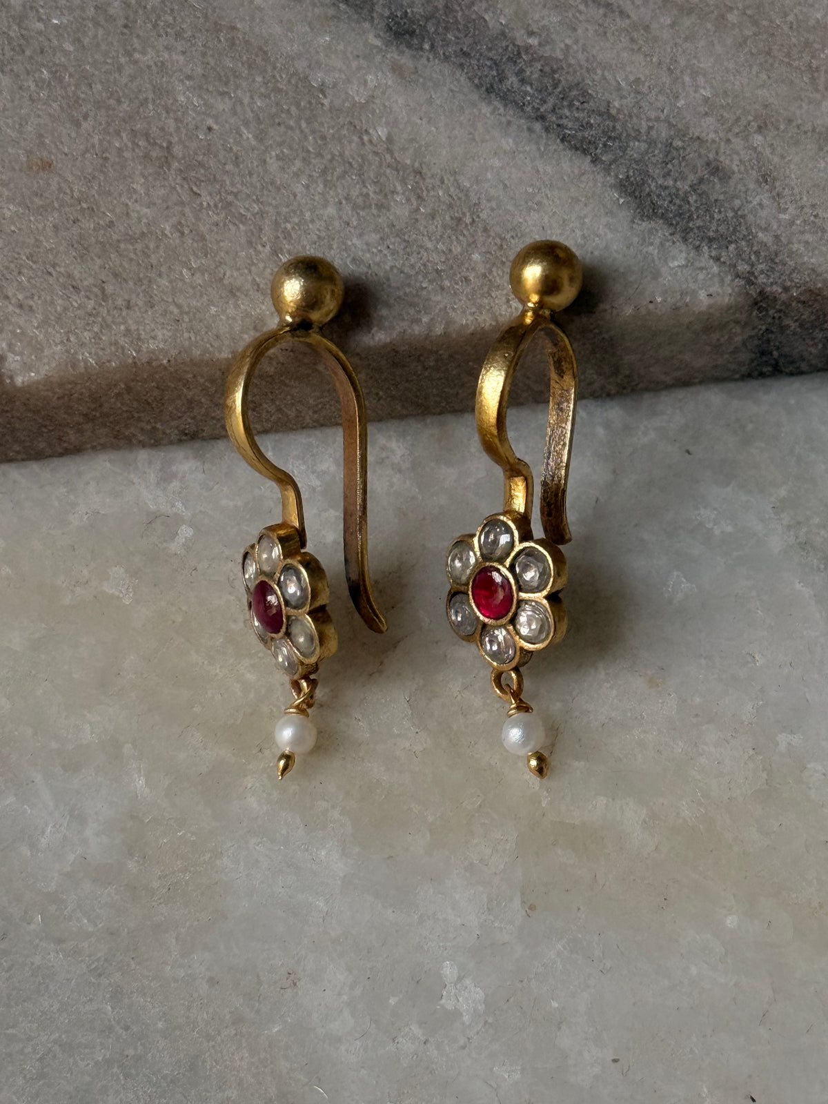 925 Sterling Silver Gold Plated Pink White Stone Kundan Polki & Fresh Water Pearls Charm Bugadi Ear Cuff
