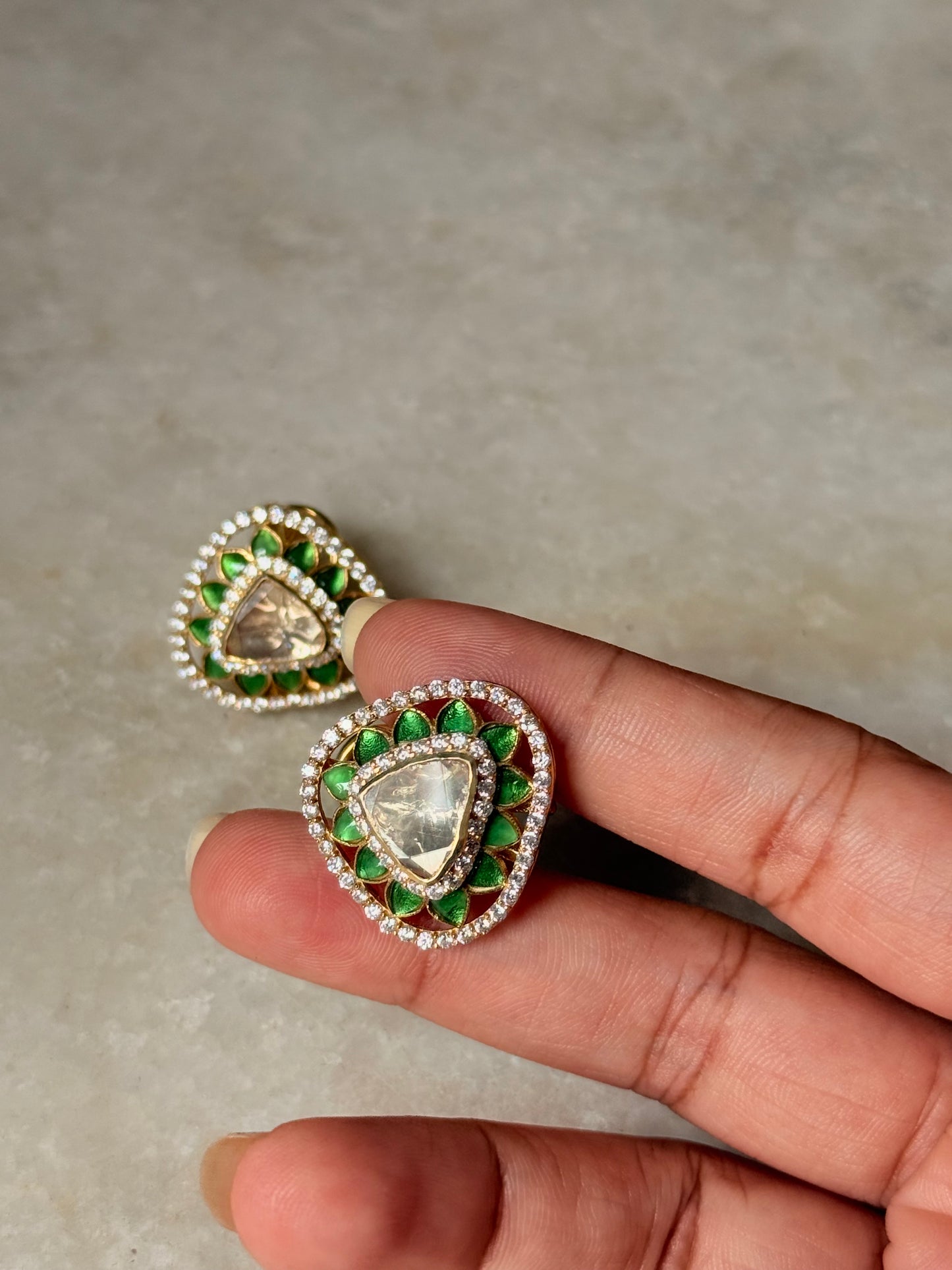 925 Sterling Silver Gold Plated Antique Moissanite Polki Green Kundan Triangle Studs Earrings