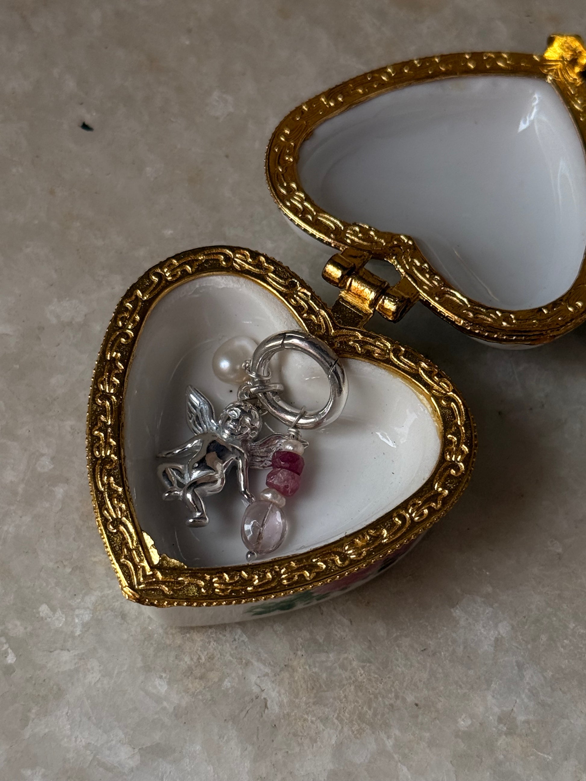 925 Sterling Silver Cherub Angel, Clear Quartz heart, Pearl Charm