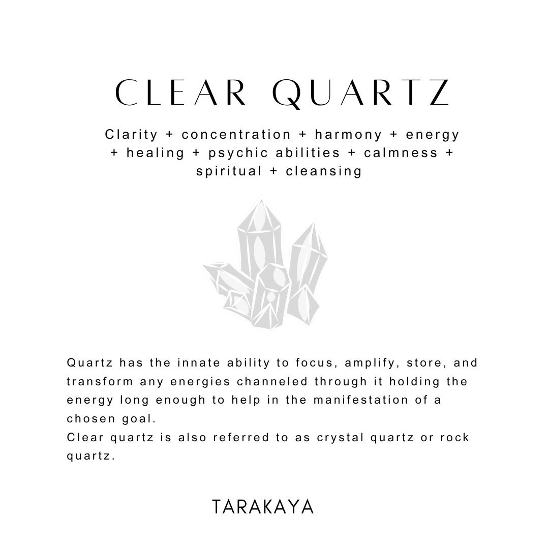 Clear quartz crystal illustration with 925 Sterling silver properties of clarity, healing, and energy, showcasing its spiritual cleansing benefits.