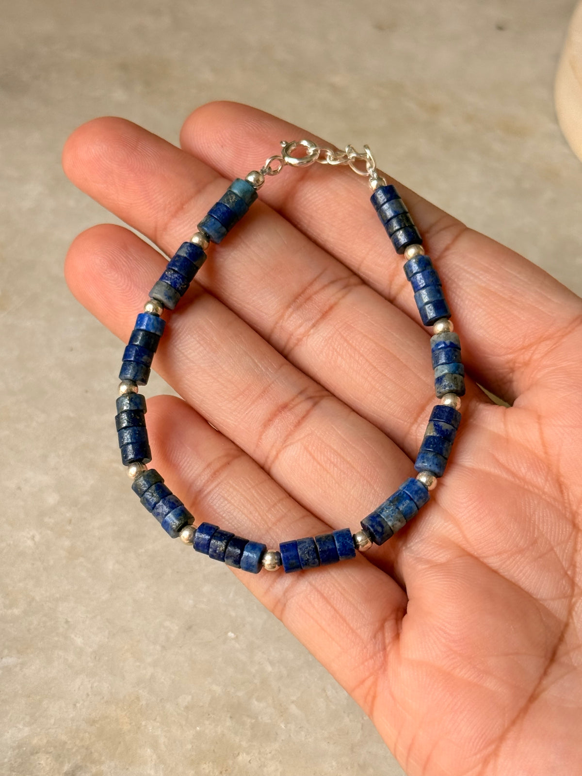 925 Sterling Silver Lapis Lazuli Flat Tube Crystal Silver Balls Bracelet