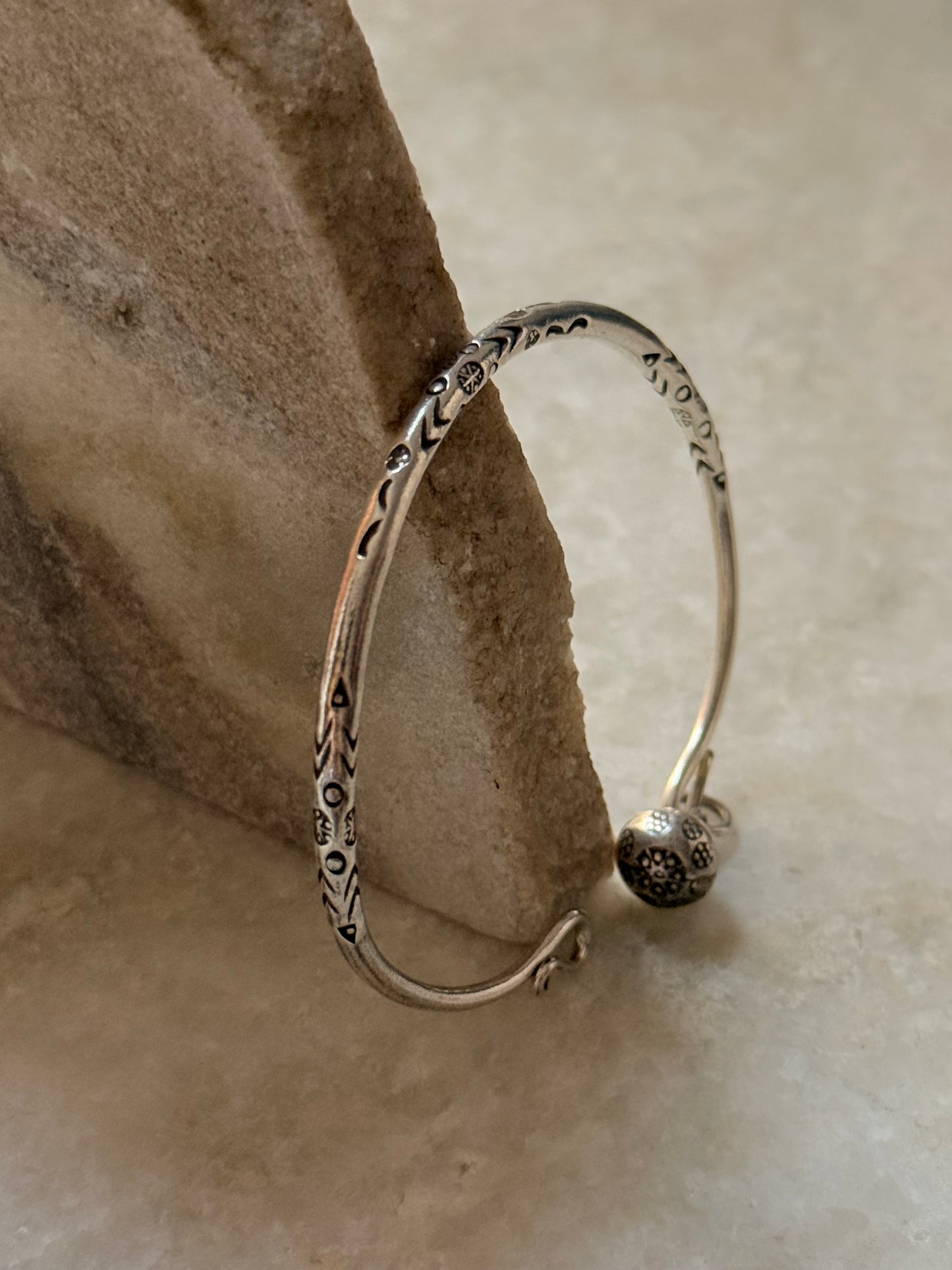 925 Sterling Silver Antique Hill Tribe Handcrafted Adjustable Kada With Hanging Charm