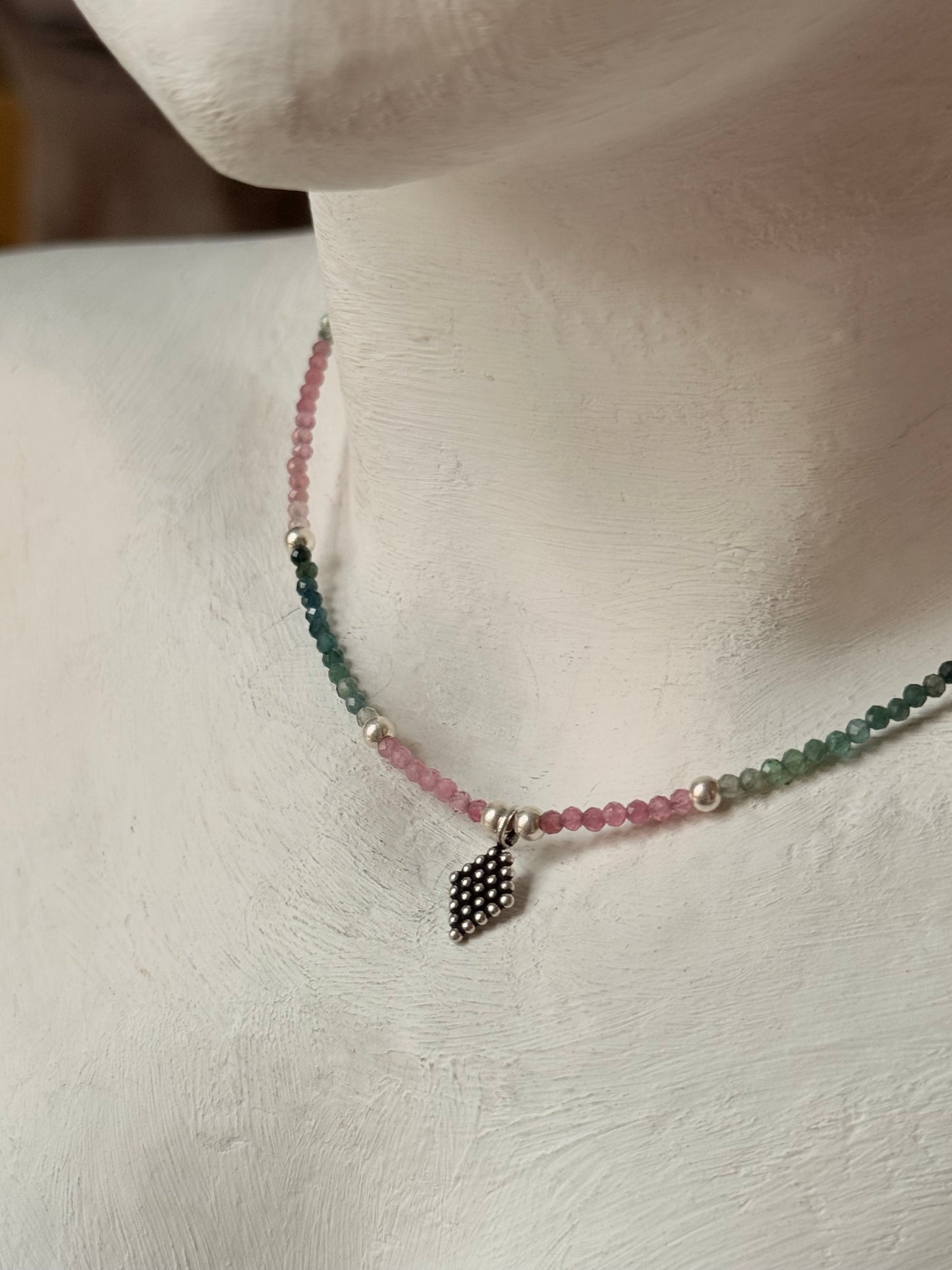Multi Tourmaline 2mm Tribal Rawa Charm & Silver Balls 925 Sterling Silver Necklace