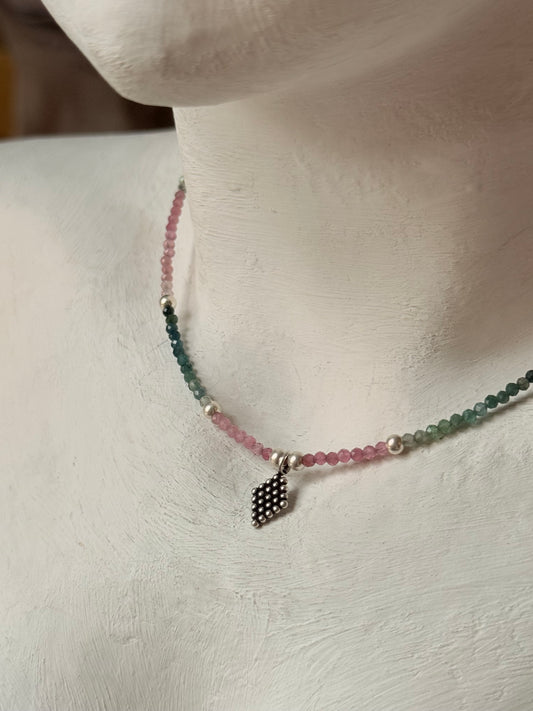 Multi Tourmaline 2mm Tribal Rawa Charm & Silver Balls 925 Sterling Silver Necklace