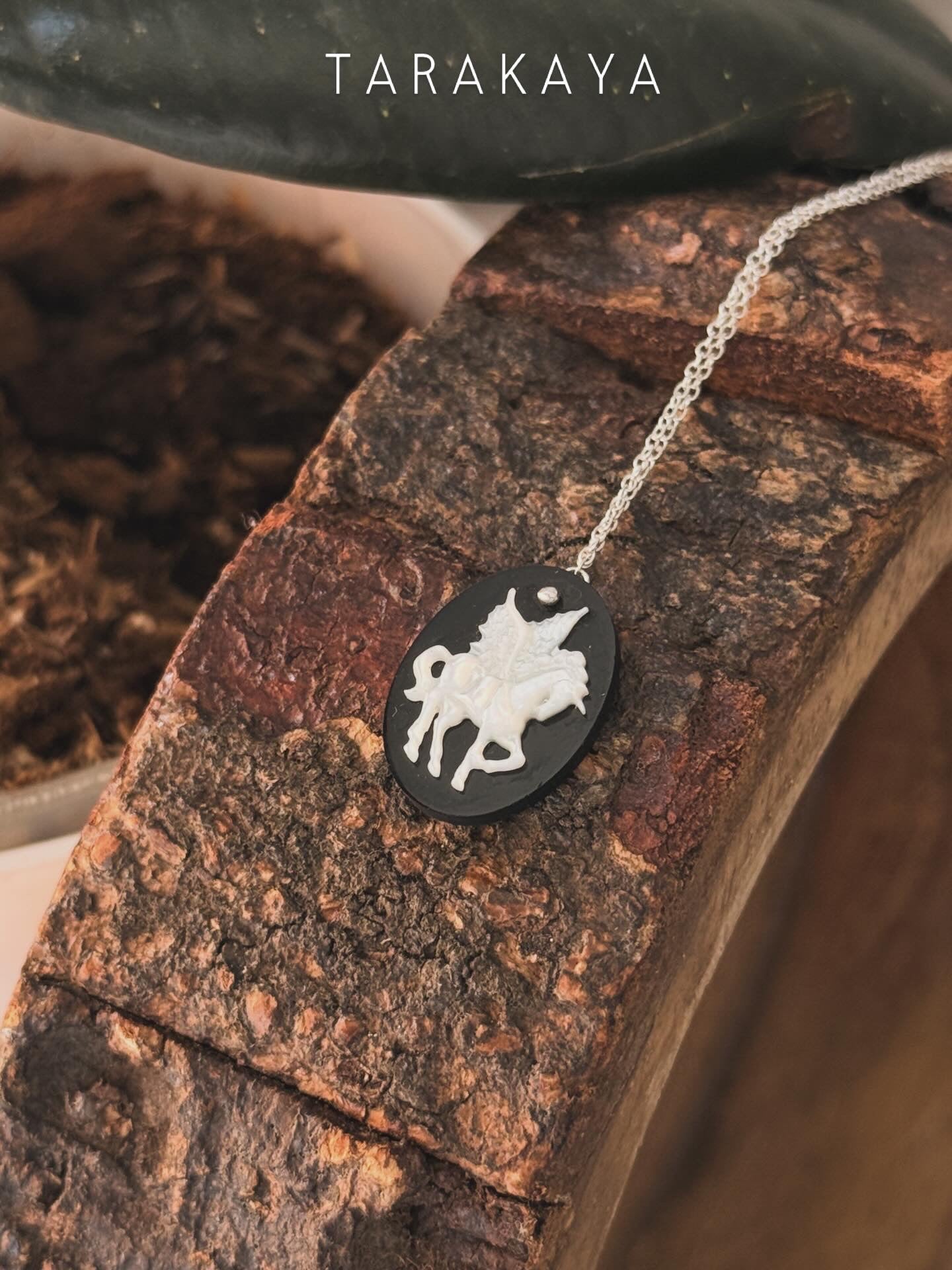 925 Sterling Silver Black Onyx, Mother of Pearl Unicorn Carved Handcrafted Necklace