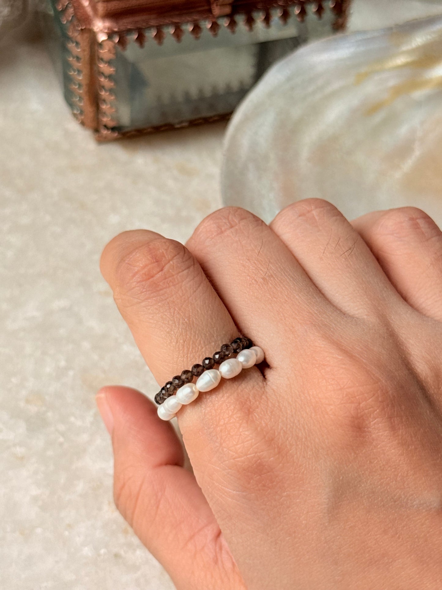 Natural Crystal Stretchy Smokey Quartz 2mm & Fresh Water Pearl Rings