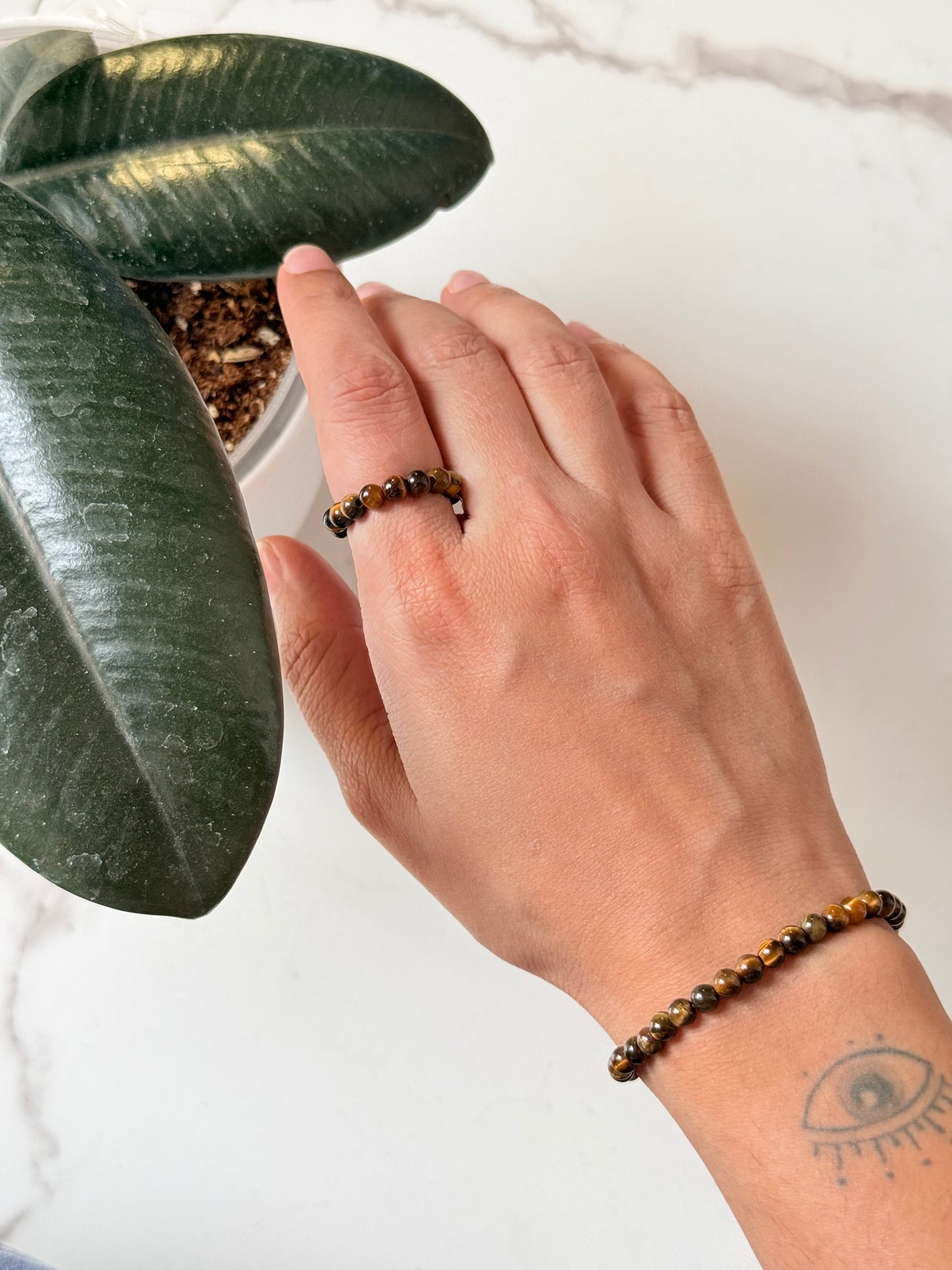 Natural Crystal Tiger Eye 4MM Stretchy Ring & Bracelet