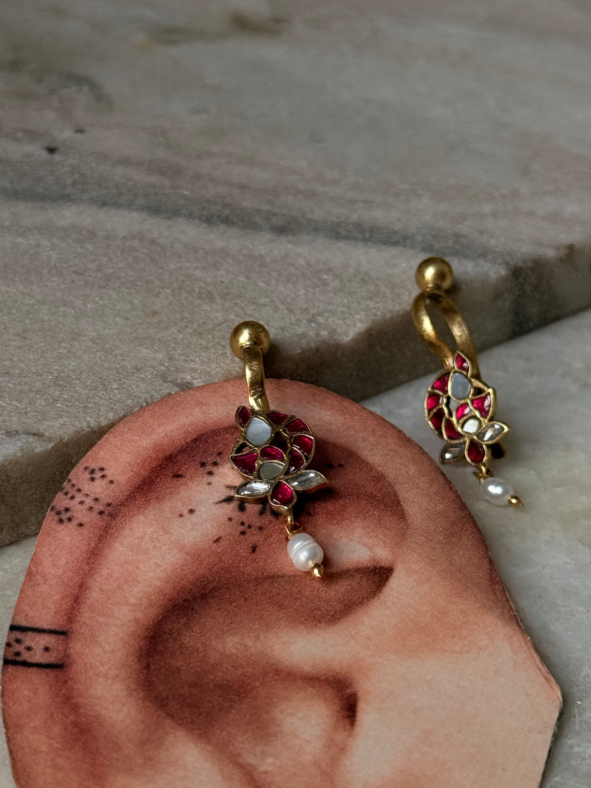 925 Sterling Silver Gold Plated Pink White Stone Kundan Polki & Fresh Water Pearls Charm Bugadi Ear Cuff