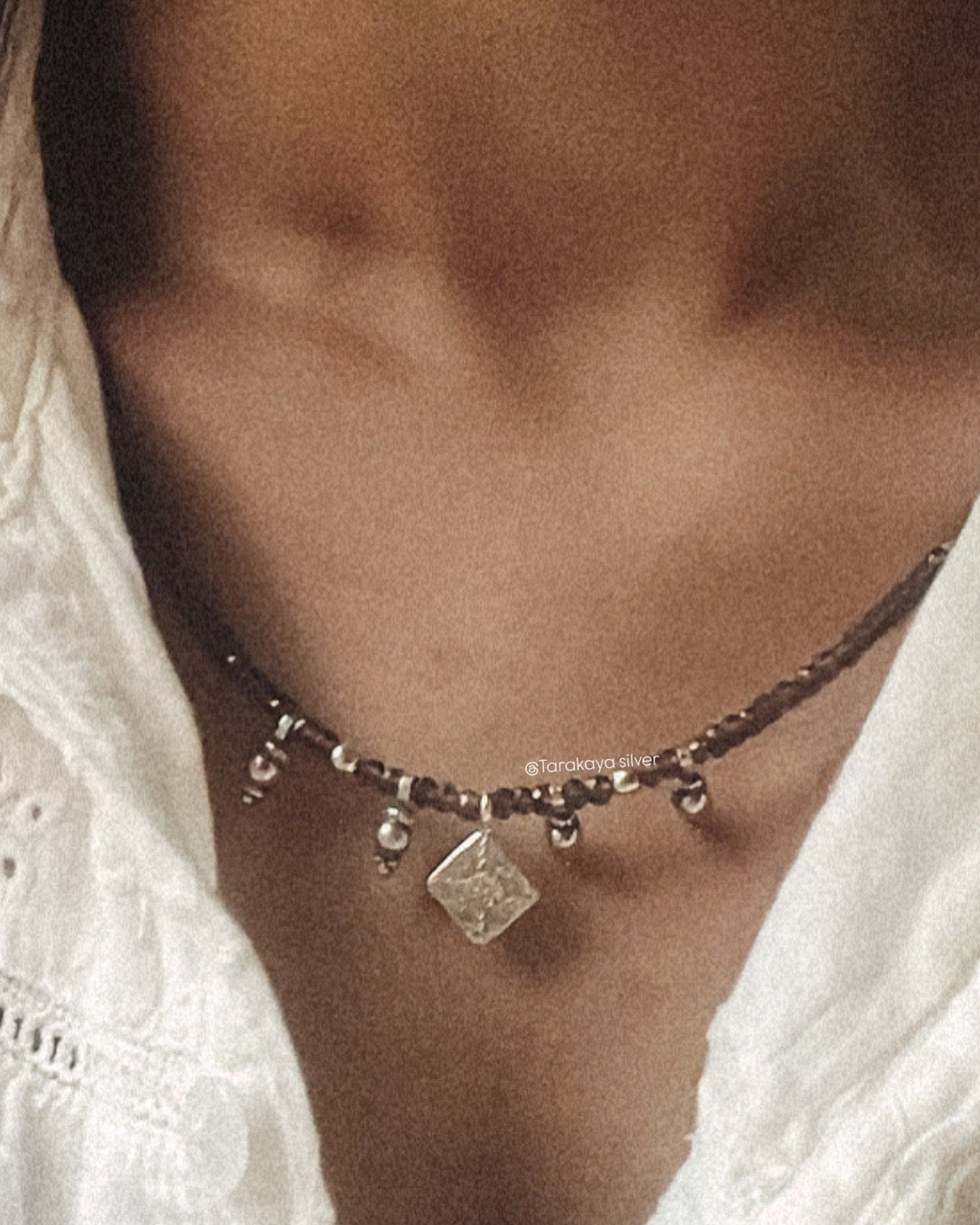 Smokey Quartz 3MM-4MM Faceted Tribal Handcrafted 925 Sterling Silver Boho Necklace