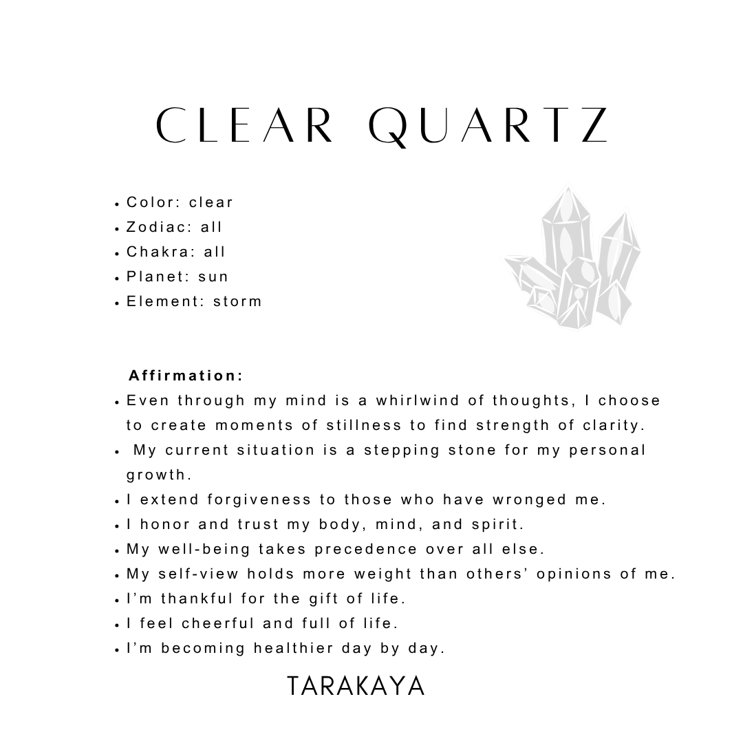 Clear Quartz 925 Sterling Silver information sheet with chakra details and affirmations about personal growth.