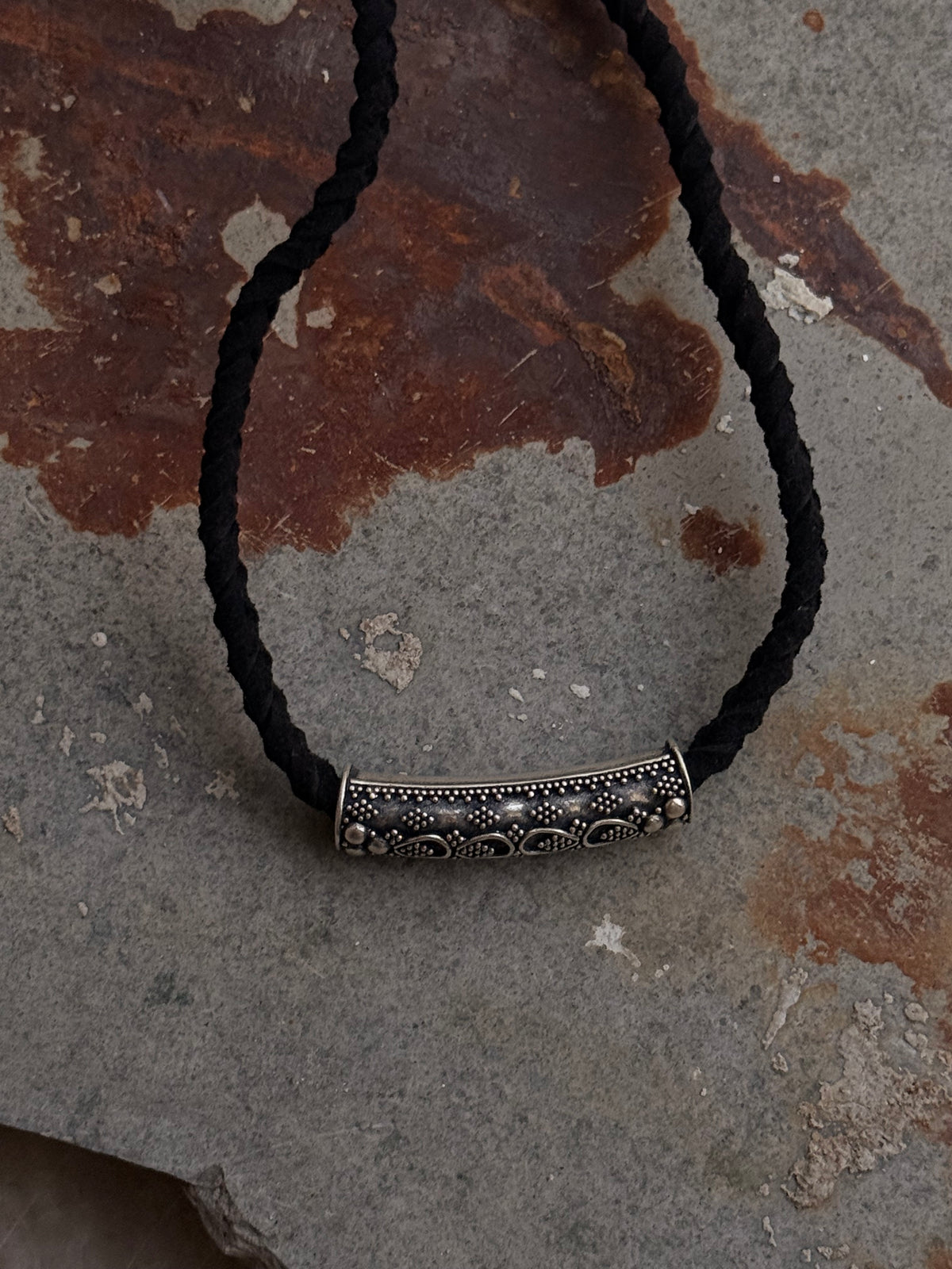925 Sterling Silver Black Leather Cord Knot Mandali Choker Necklace
