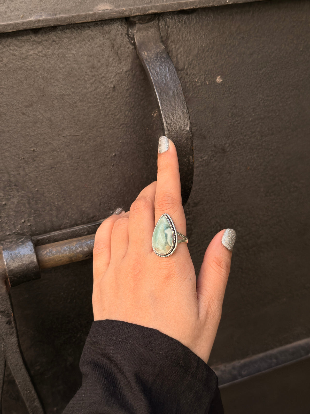 925 Sterling Silver Blue Agate Pear Boho Ring