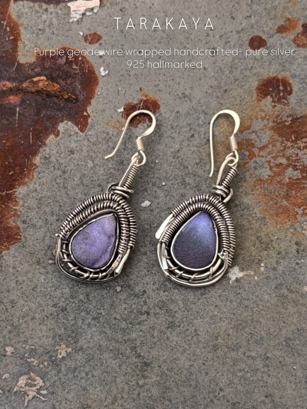 925 Sterling Silver Purple Geode Shiney Wire Wrap Gothic Hook Earrings