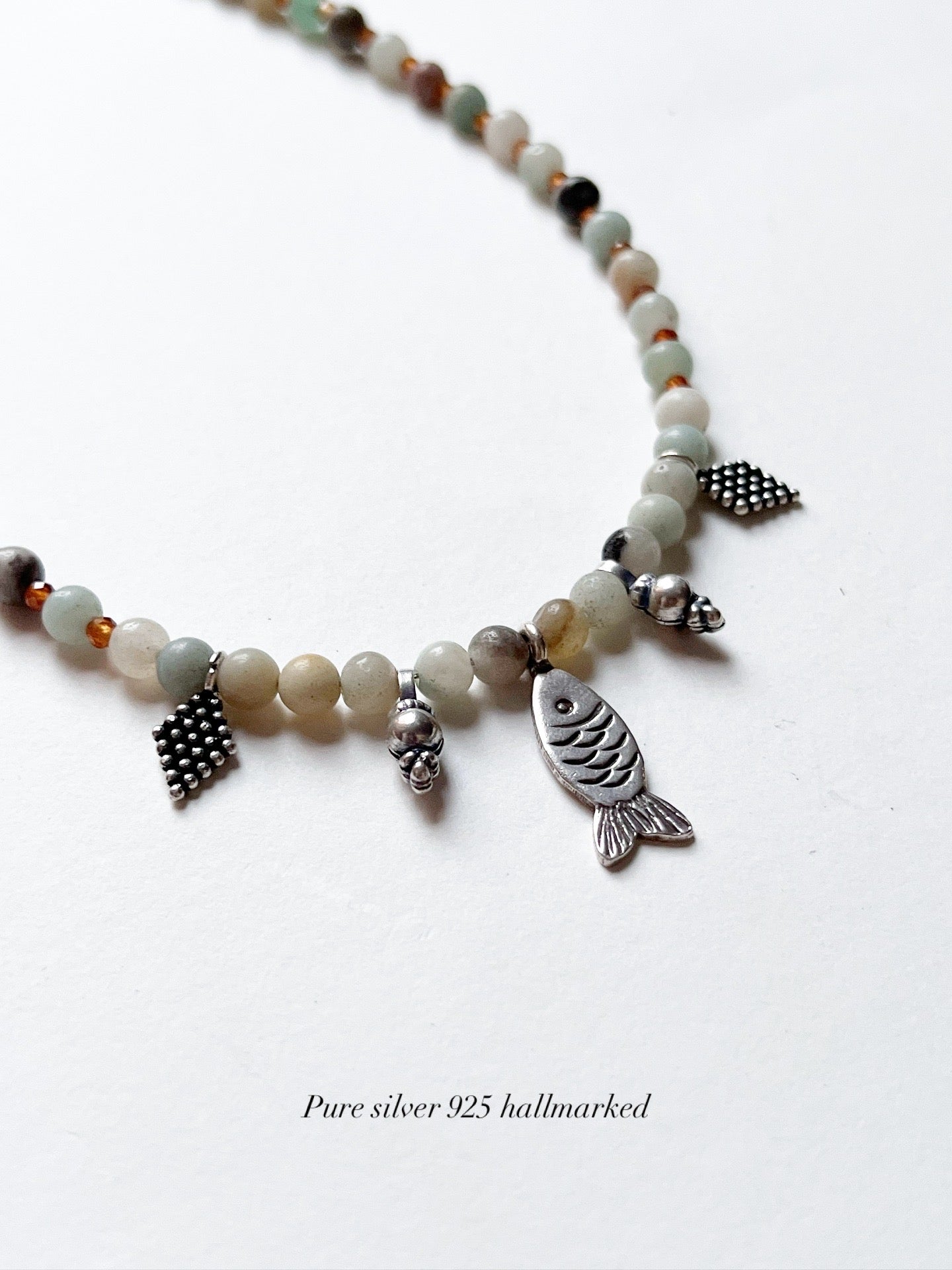 Matsya / Fish Amazonite & Hessonite Boho Choker Handcrafted Sterling Silver 925 Necklace