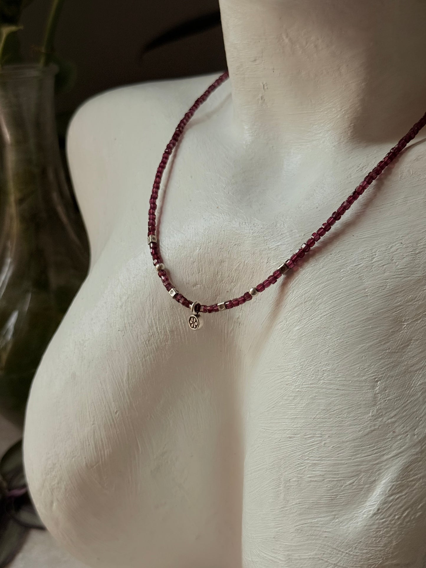 925 Sterling Silver Garnet Box 2mm Flower Charm Necklace