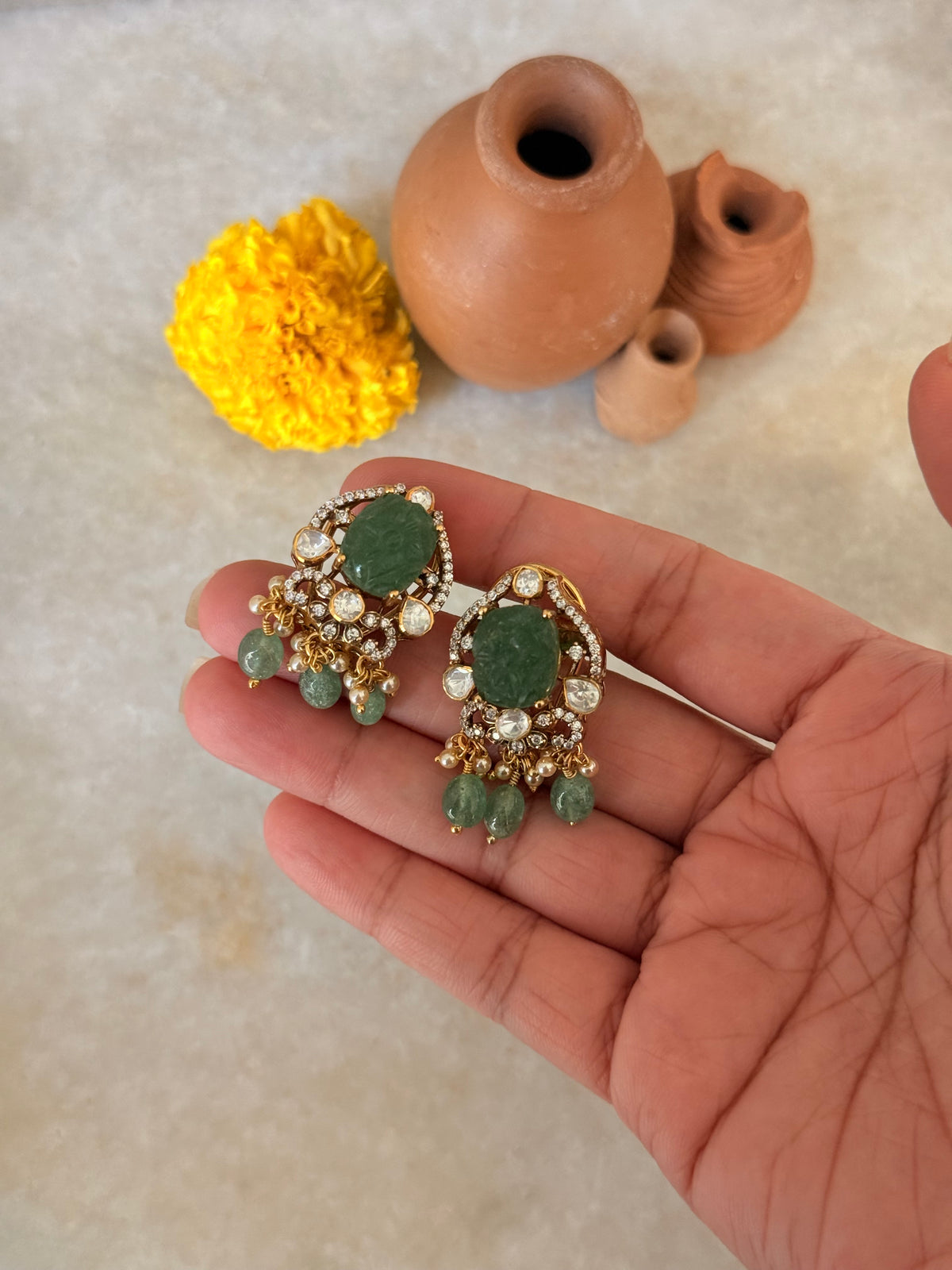 925 Sterling Silver Gold Plated Green Onyx Studs Earrings