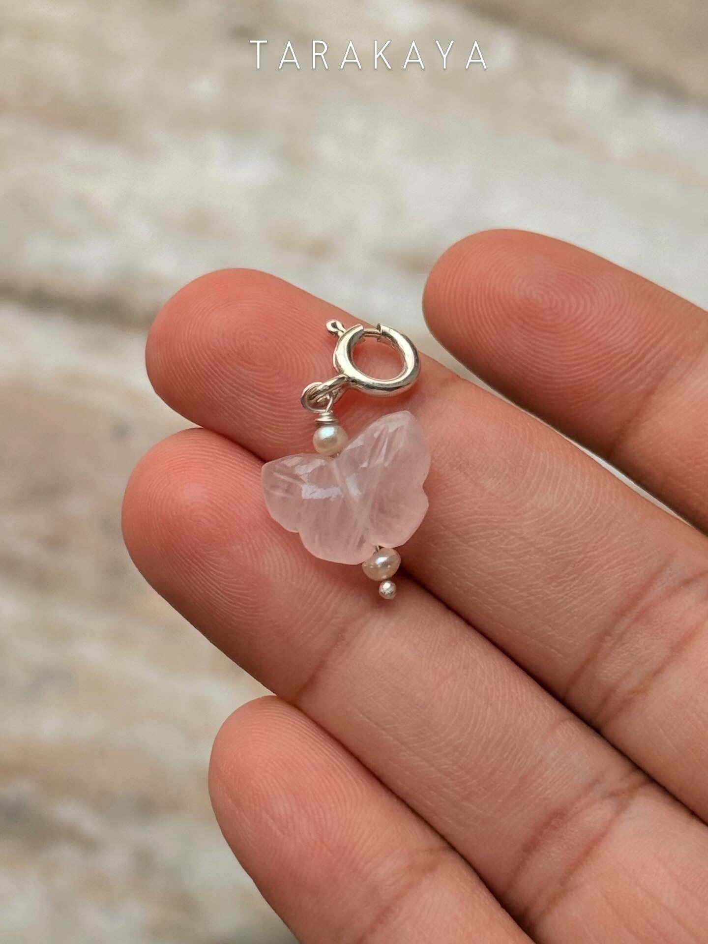 925 Sterling Silver Rose Quartz Butterfly With Pearls Charm