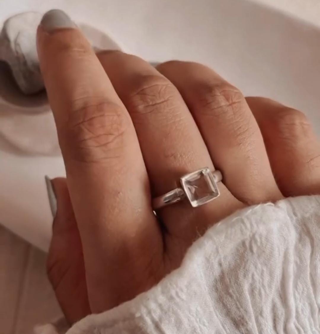 Handcrafted silver ring with square cut clear quartz gemstone