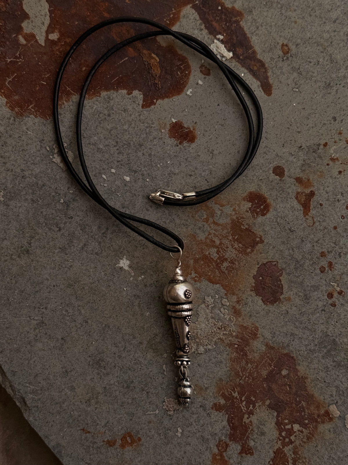 925 Sterling Silver Black Leather Cord Mandali Dolki Necklace
