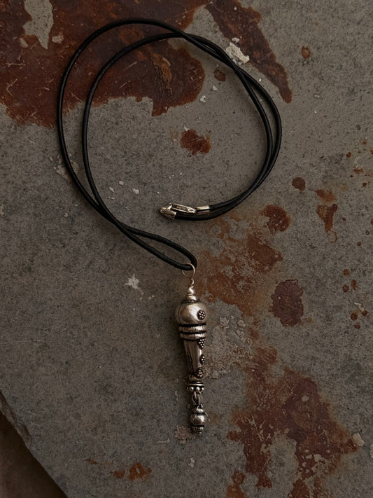 925 Sterling Silver Black Leather Cord Mandali Dolki Necklace
