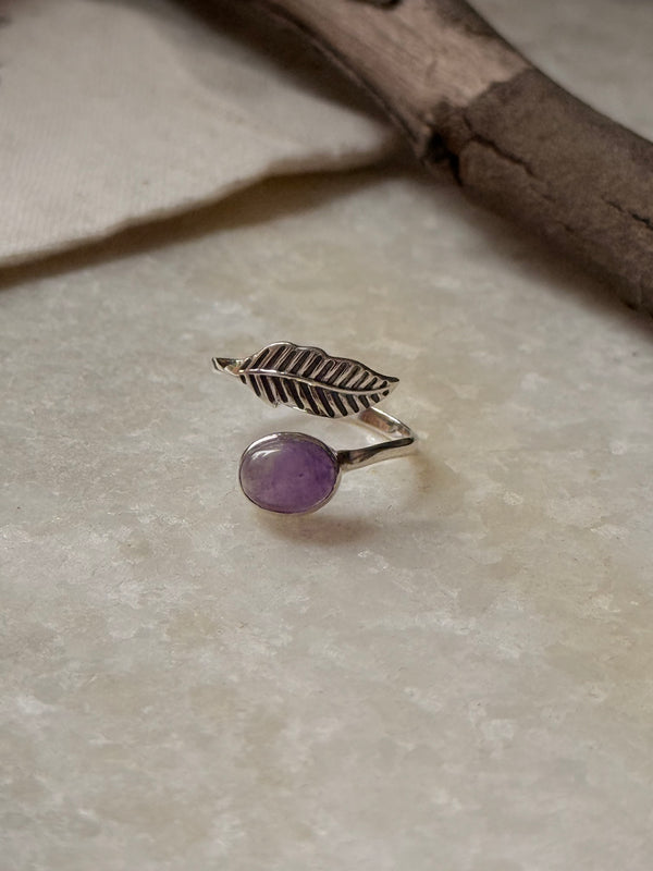 925 Sterling Silver Amethyst Feather Adjustable Band Ring 