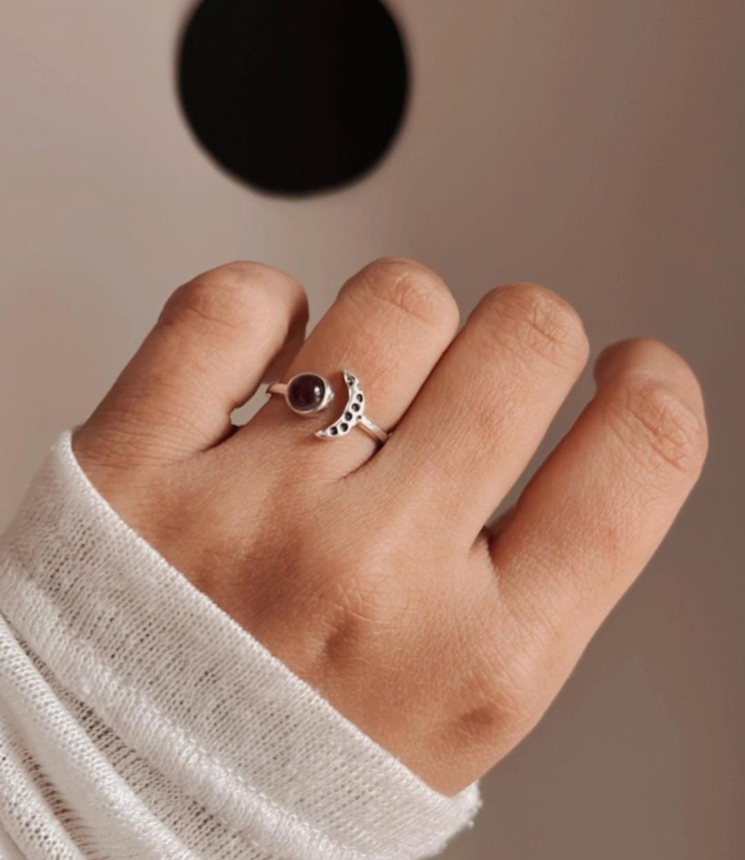 Adjustable Silver Ring with Amethyst Crescent Moon Design 