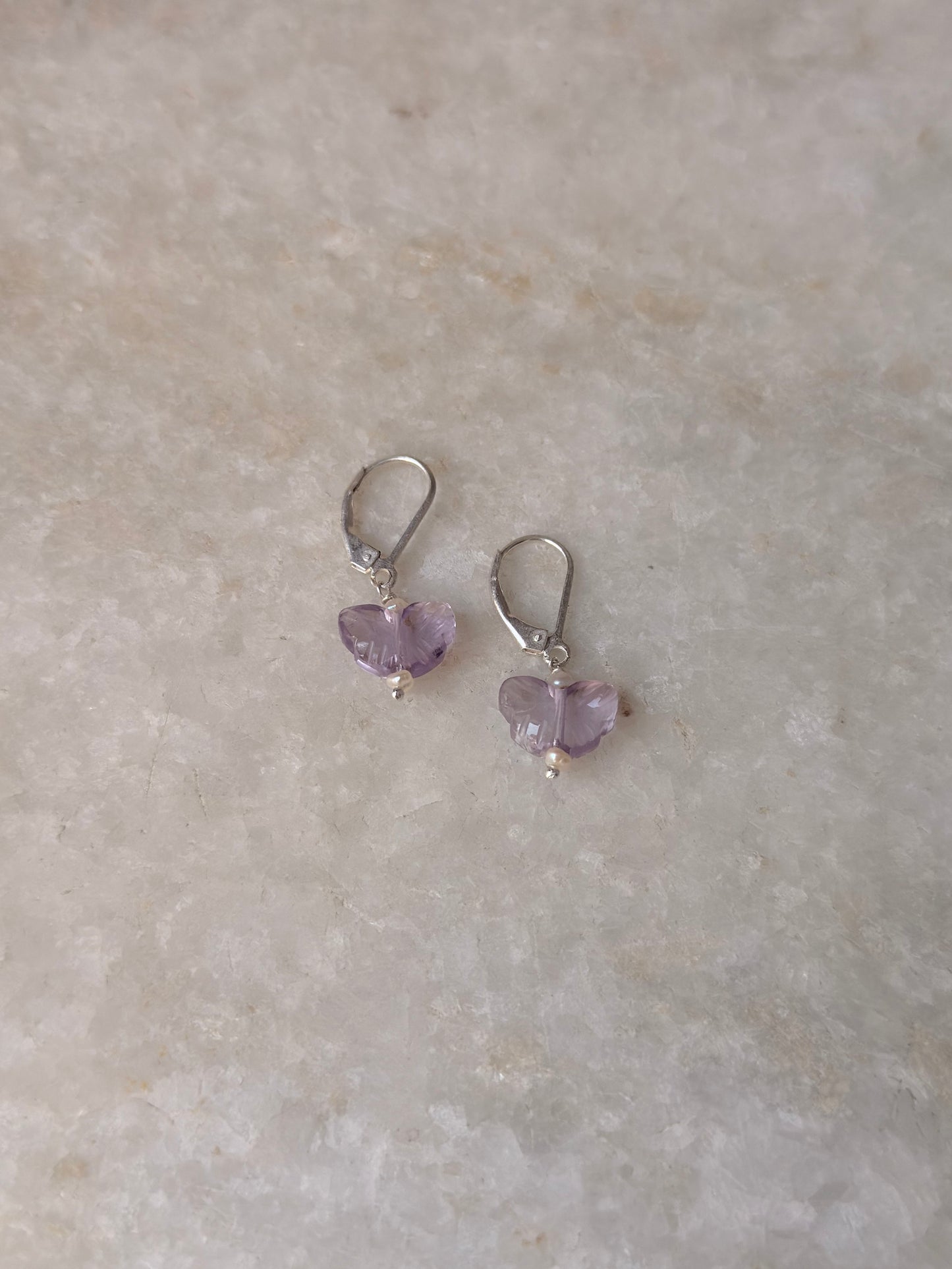 925 Sterling Silver Amethyst Butterfly & Pearls Lever Back Earrings