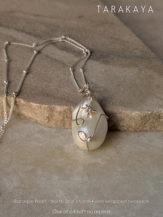 925 Sterling Silver One Of a Kind Baroque Pearl -White Topaz North Star Charm - Cable Dot Chain Handcrafted Necklace