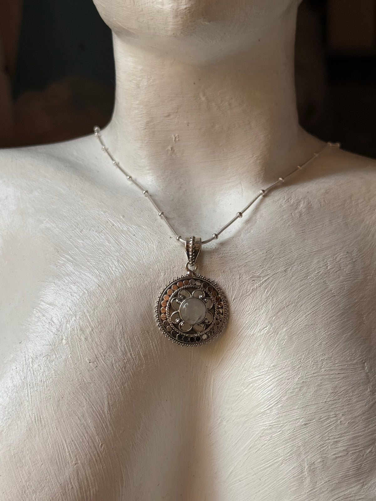 925 Sterling Silver Moonstone Round Boho Handcrafted One of a Kind Pendant