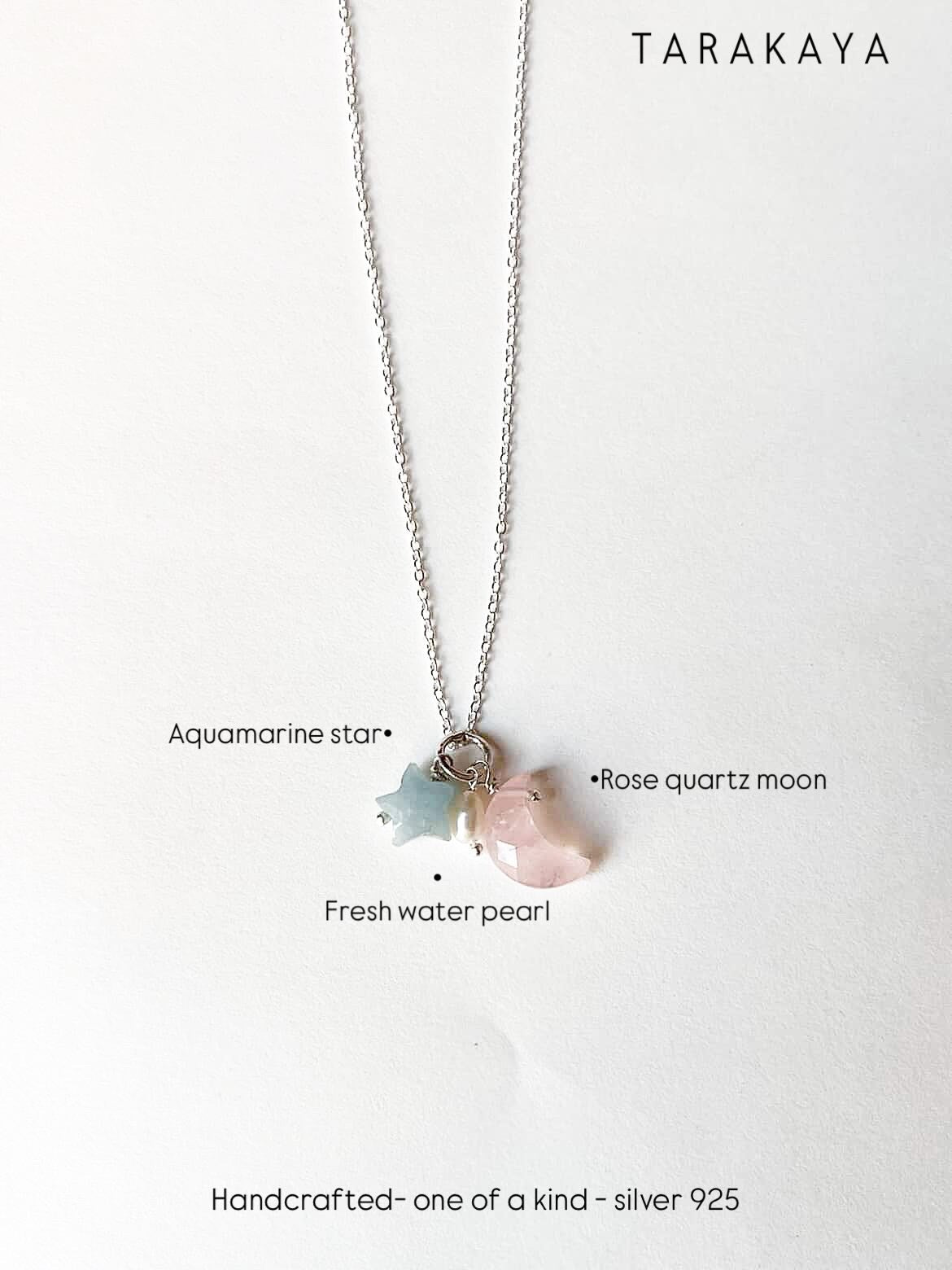 925 Sterling Silver Rose Quartz Moon, Aquamarine Star and Fresh Water Pearl Handcrafted Dainty Necklace